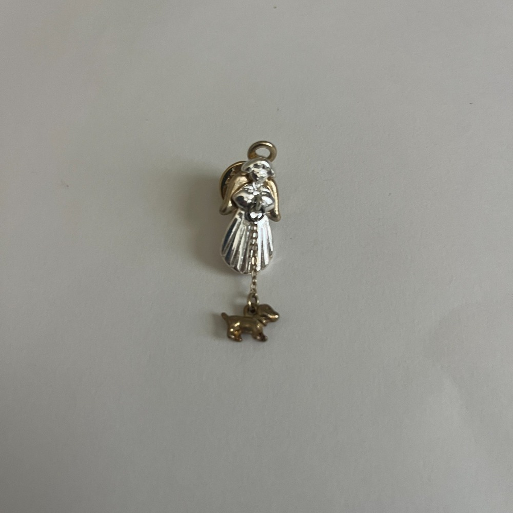 Vintage Two Tone Angel with Dangling‎ Dog Charm Lapel Pin Mixed Metal 1 1/2" - Picture 3 of 7
